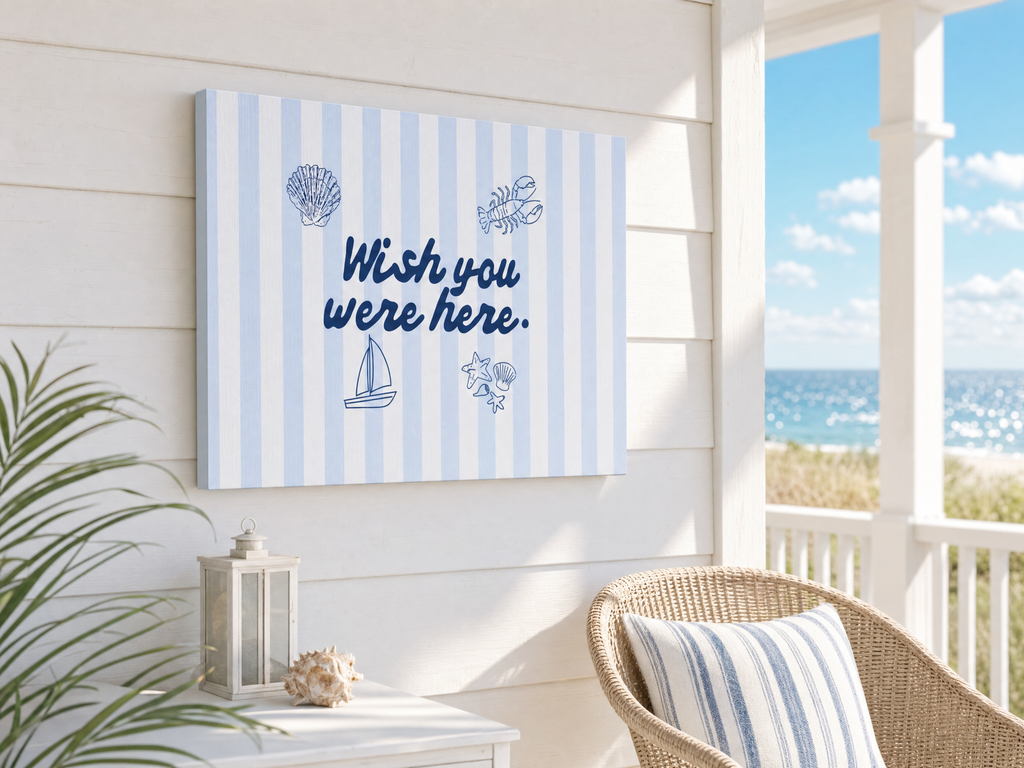 Wish You Were Here Canvas Wall Art – Blue Striped Stretched Matte Canvas